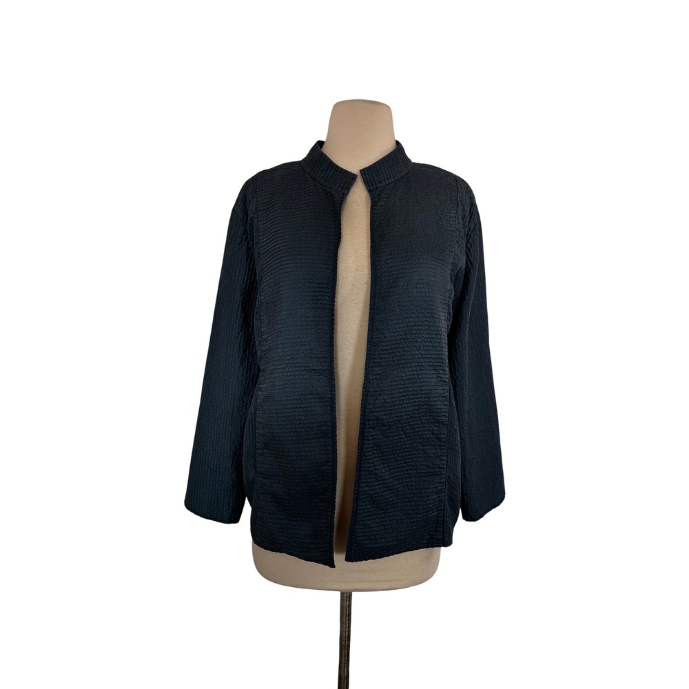 Eileen Fisher Women Dark Teal Open Front Mock Neck Silk Jacket Pockets SZ XL